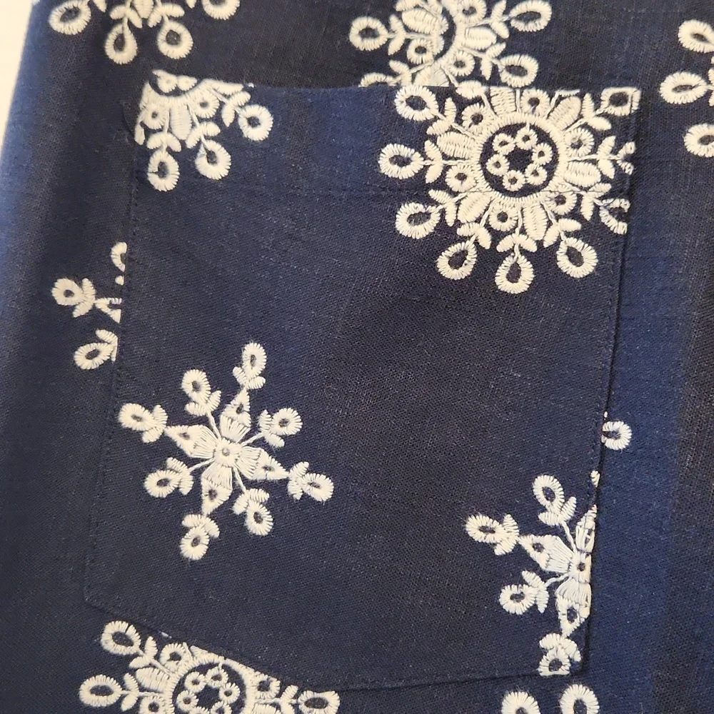 Zara Navy Linen Blend Contrast Embroidered Wide Leg Culottes M